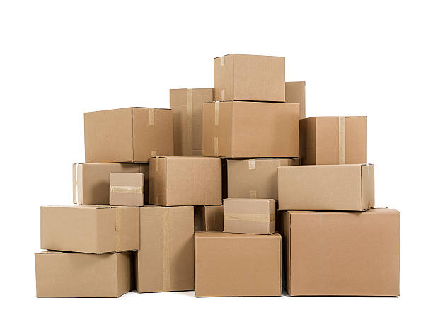 Pile of cardboard boxes on white background